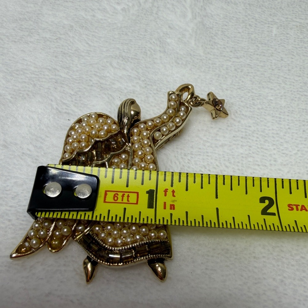 VTG Signed Liz Claiborne Gold Tone Angel Brooch‎ w/ Dangling Star Rhinestone - Picture 9 of 12